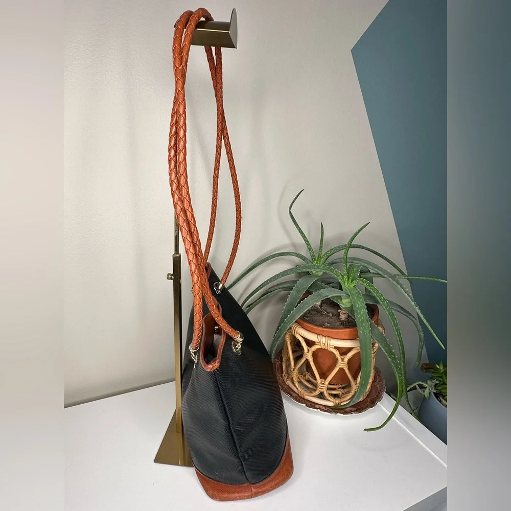 Vintage Bottega Veneta Bucket Bag Black Canvas Cognac Leather Braid Italy Made - Picture 3 of 12